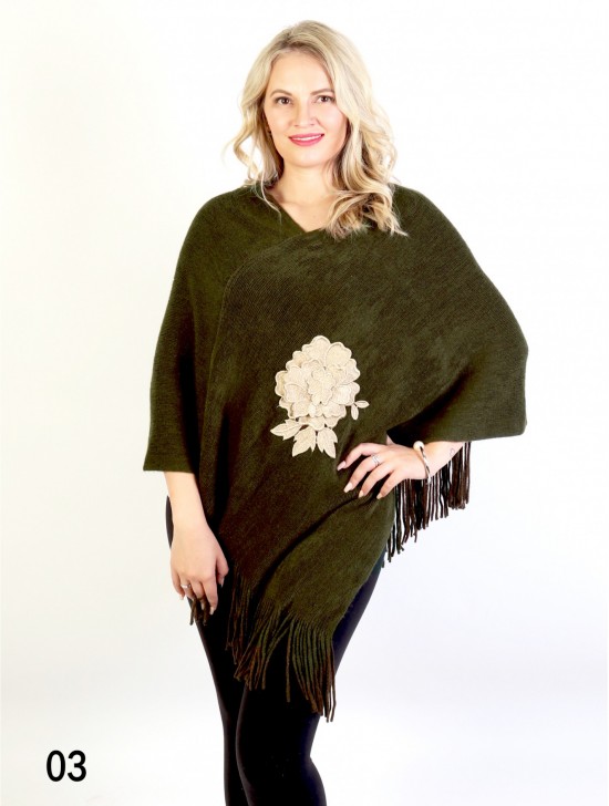 3D Floral Embroidery Poncho W/ Fringes